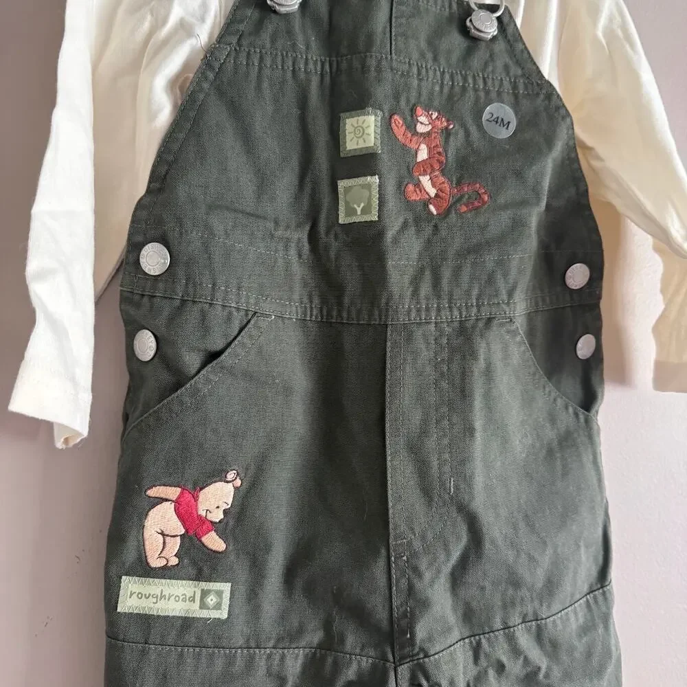 Vintage Disney Store Winnie the Pooh Green Embroidered Overalls Tigger 24M NEW